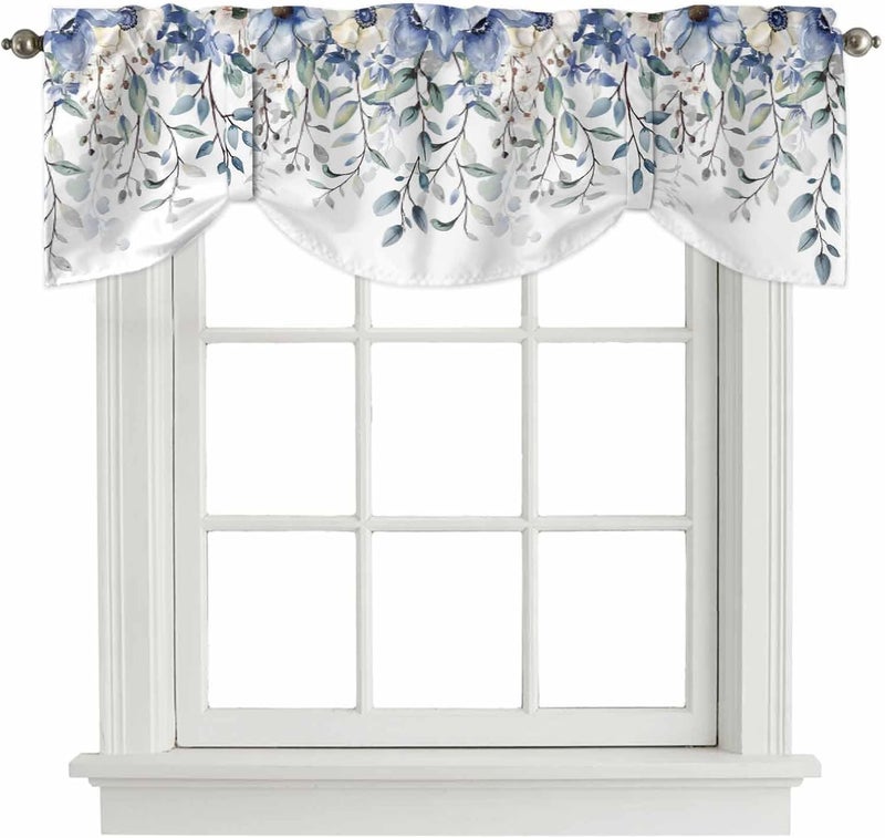 RisQiten Blue Spring Floral Tie Up Valance Curtains for Windows, Summer Botanical Kitchen Curtains Window Treatments, Weeping Flower Short Window Shades Valances for Bedroom Bathroom Cafe 54"x18" - Image 1